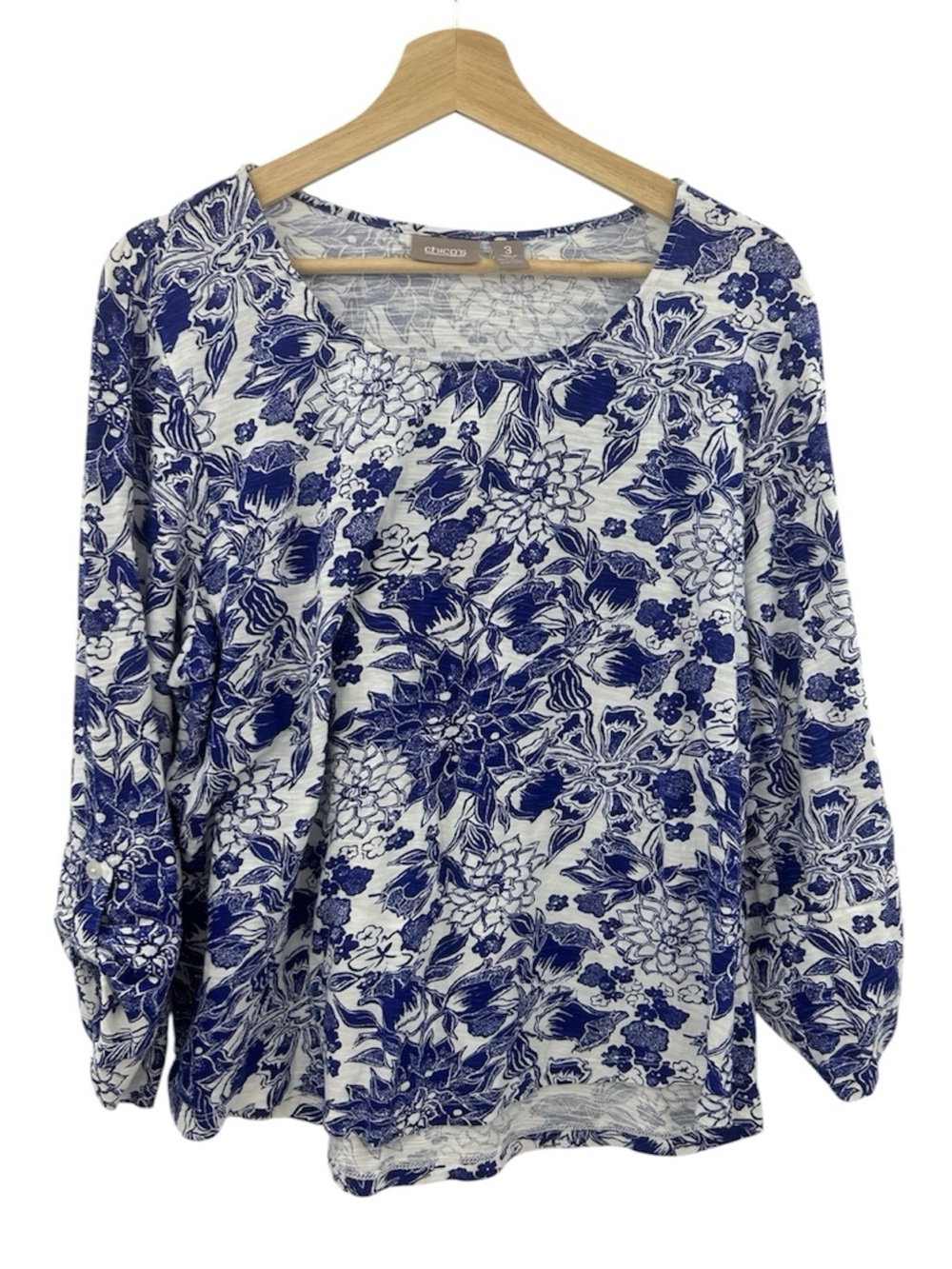 Chico's Blue and White Floral Print Long-Sleeve Scoop Neck Top